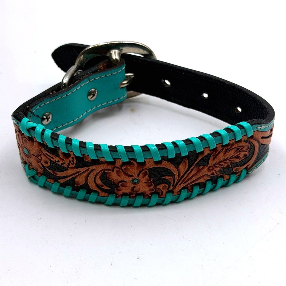 Myra Bag Acety Hand Tooled Leather Dog Collar Turquoise Whipstitch Floral Small